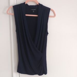 Elegant Draped Navy Sleeveless Blouse